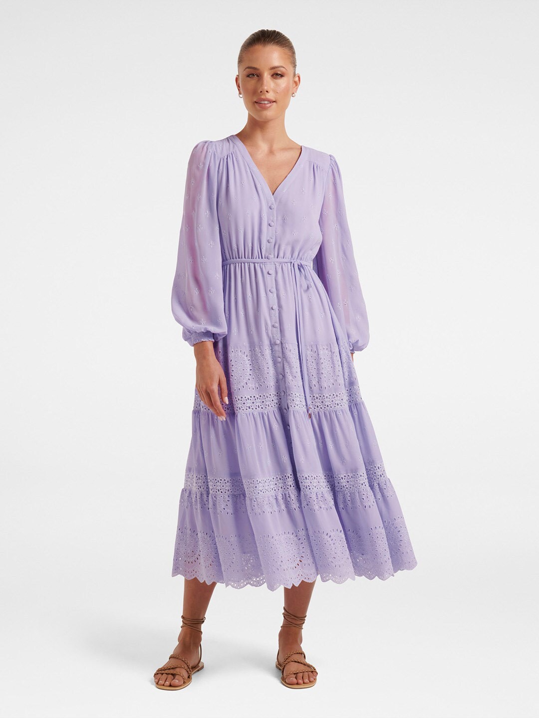 

Forever New Striped Puff Sleeve Lace Fit & Flare Midi Dress, Purple