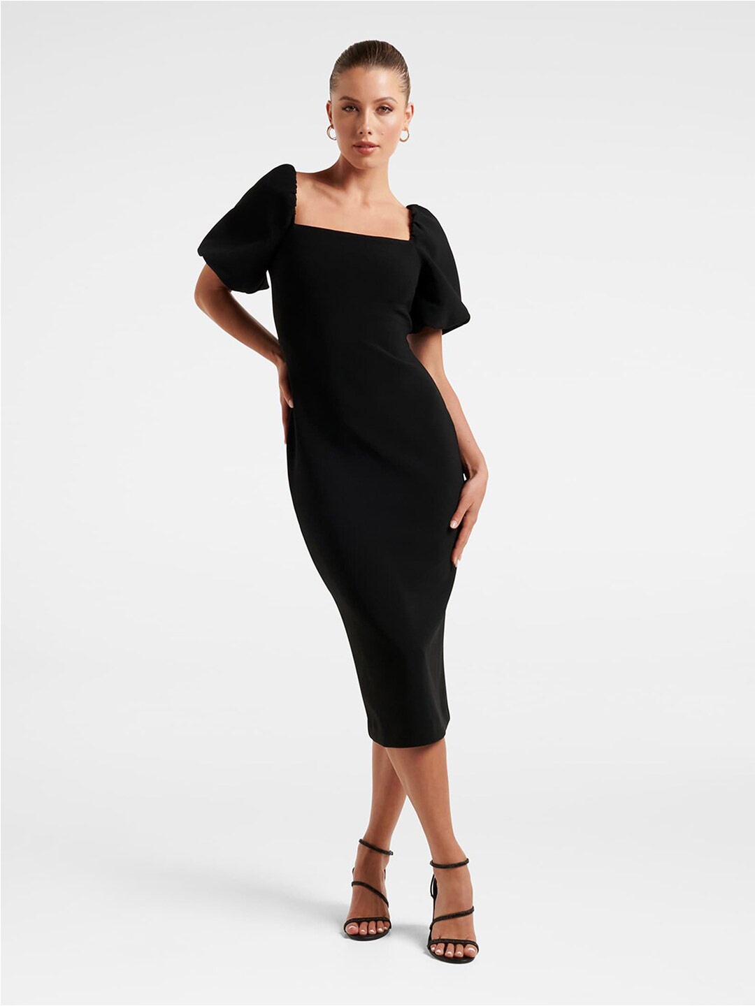 

Forever New Square Neck Puffed Sleeve Crepe Bodycon Midi Dress, Black