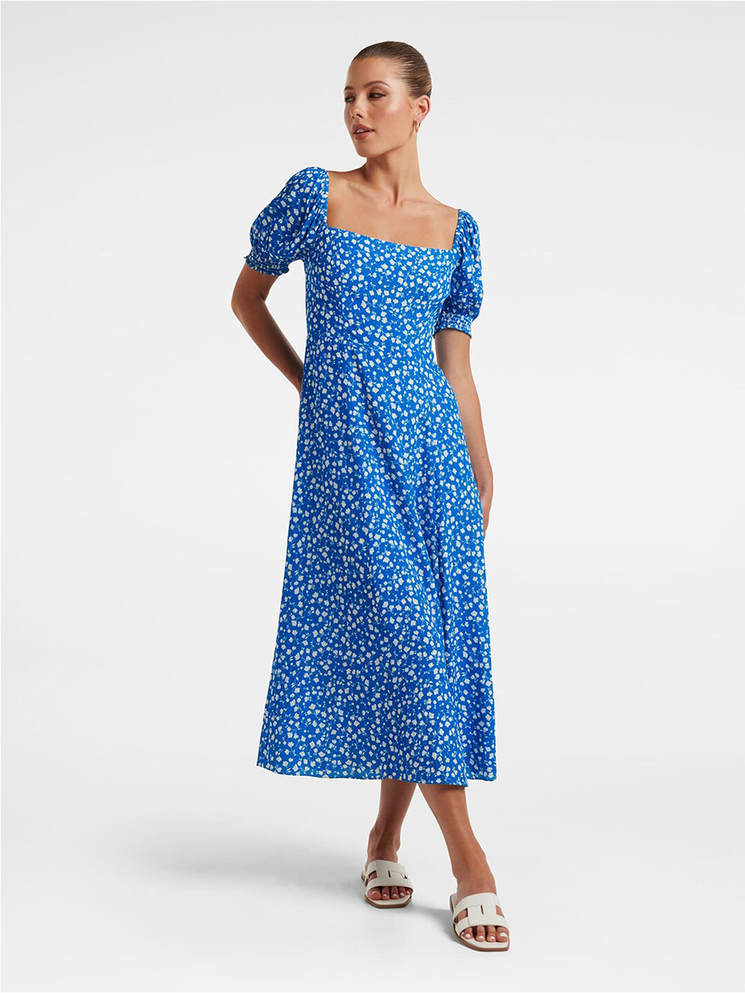 

Forever New Floral Print Puff Sleeve A-Line Midi Dress, Blue
