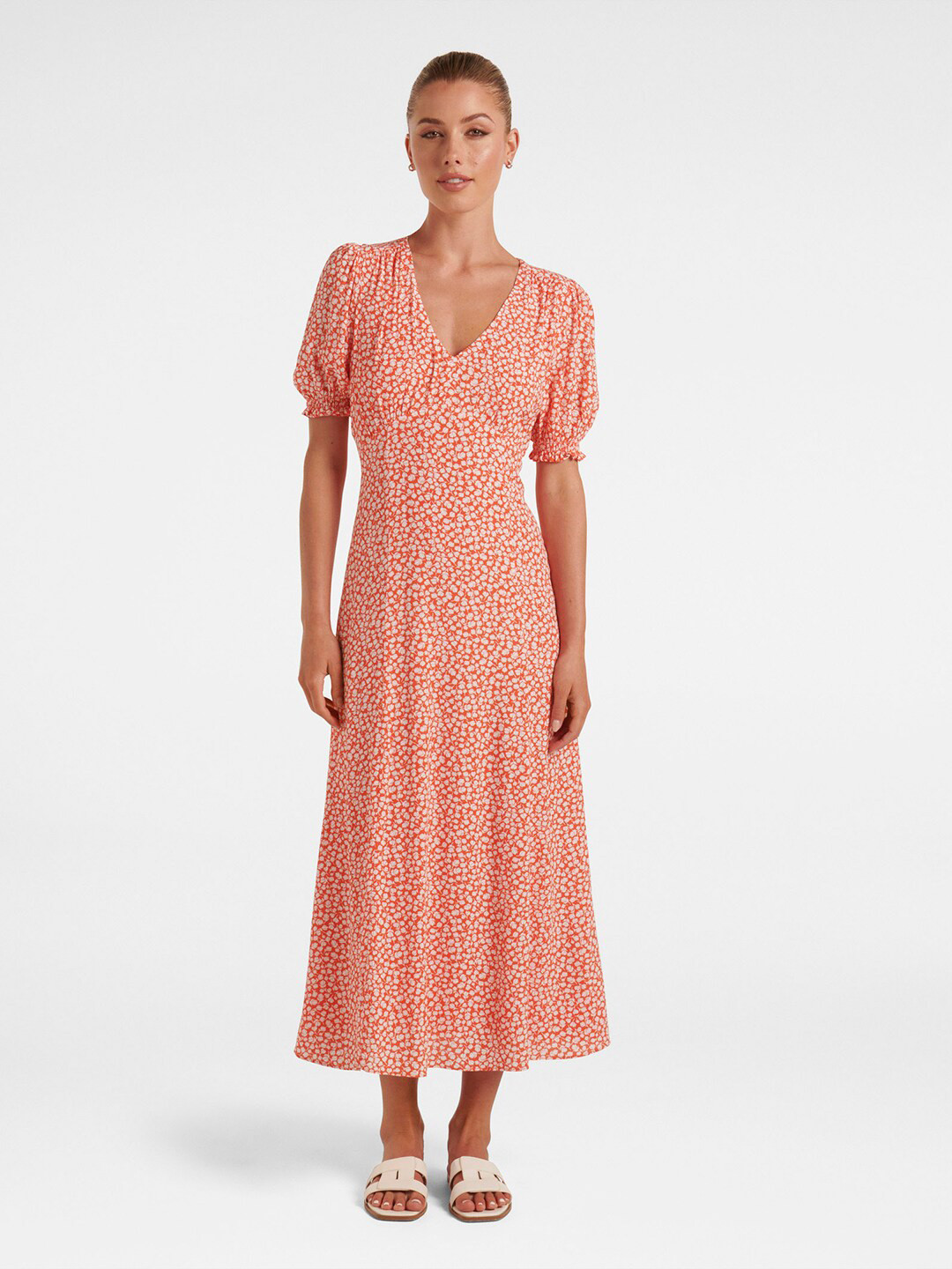 

Forever New Floral Printed Puff Sleeve Fit & Flare Midi Dress, Orange