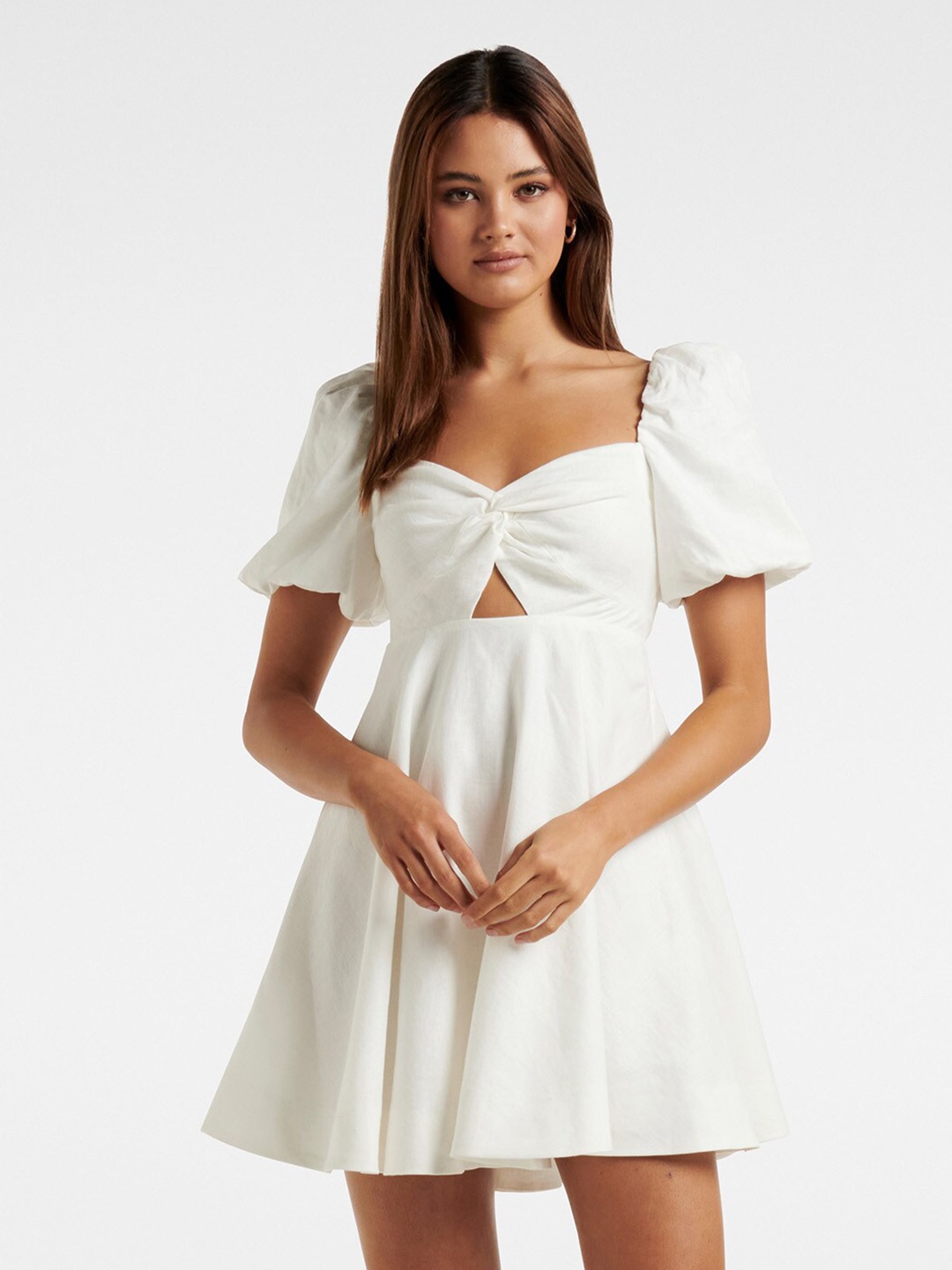 

Forever New Puffed Sleeve Linen Fit & Flare Mini Dress, White