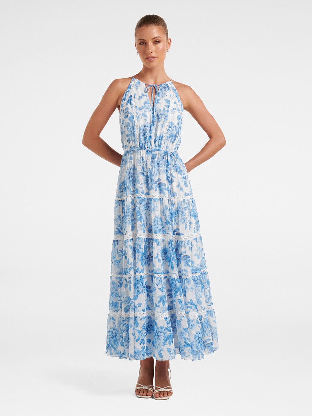 

Forever New Floral Printed Tie Up Neck Maxi Tiered Dress, White