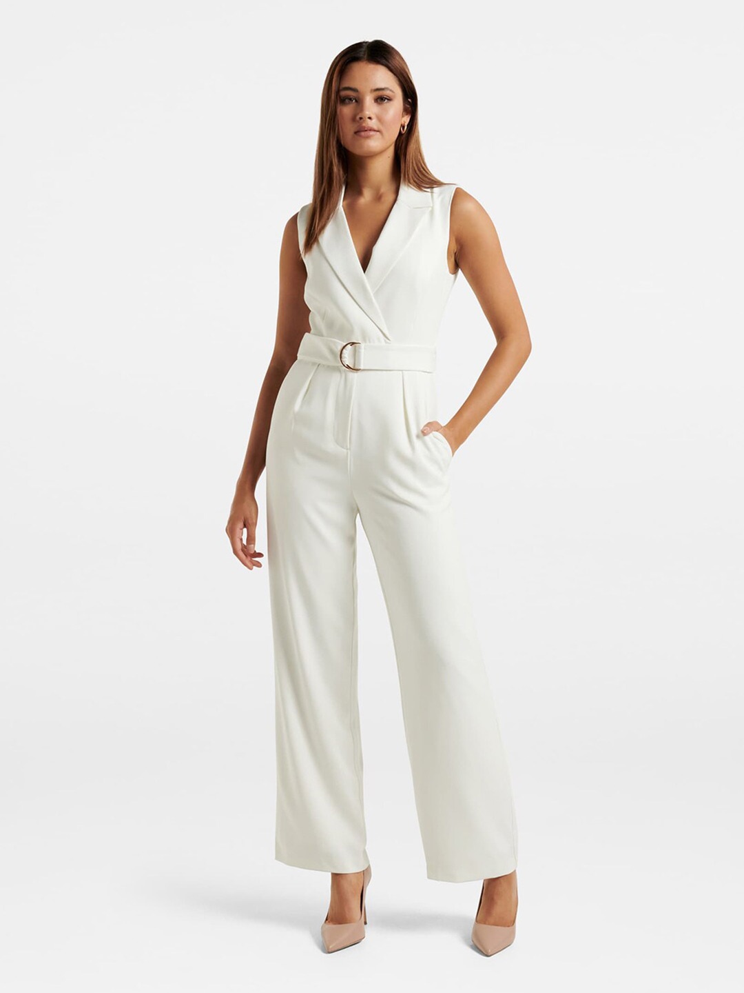 

Forever New V-Neck Sleeveless Belted Jumpsuit, White