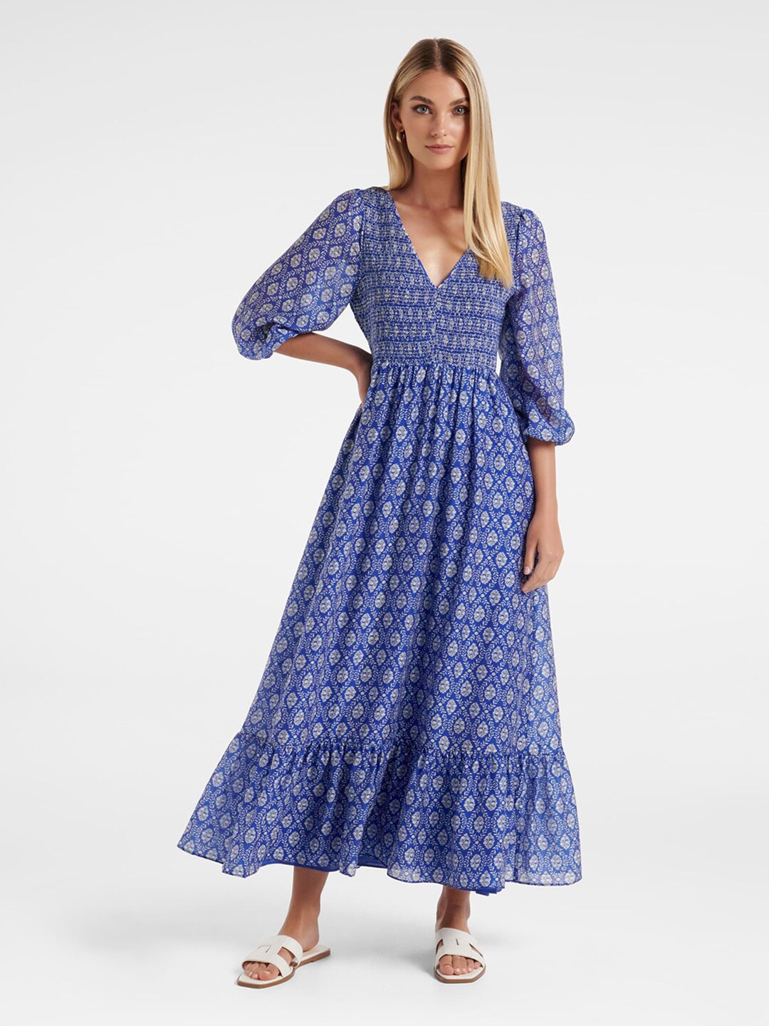 

Forever New Ethnic Motifs Print Puff Sleeve Maxi Dress, Navy blue