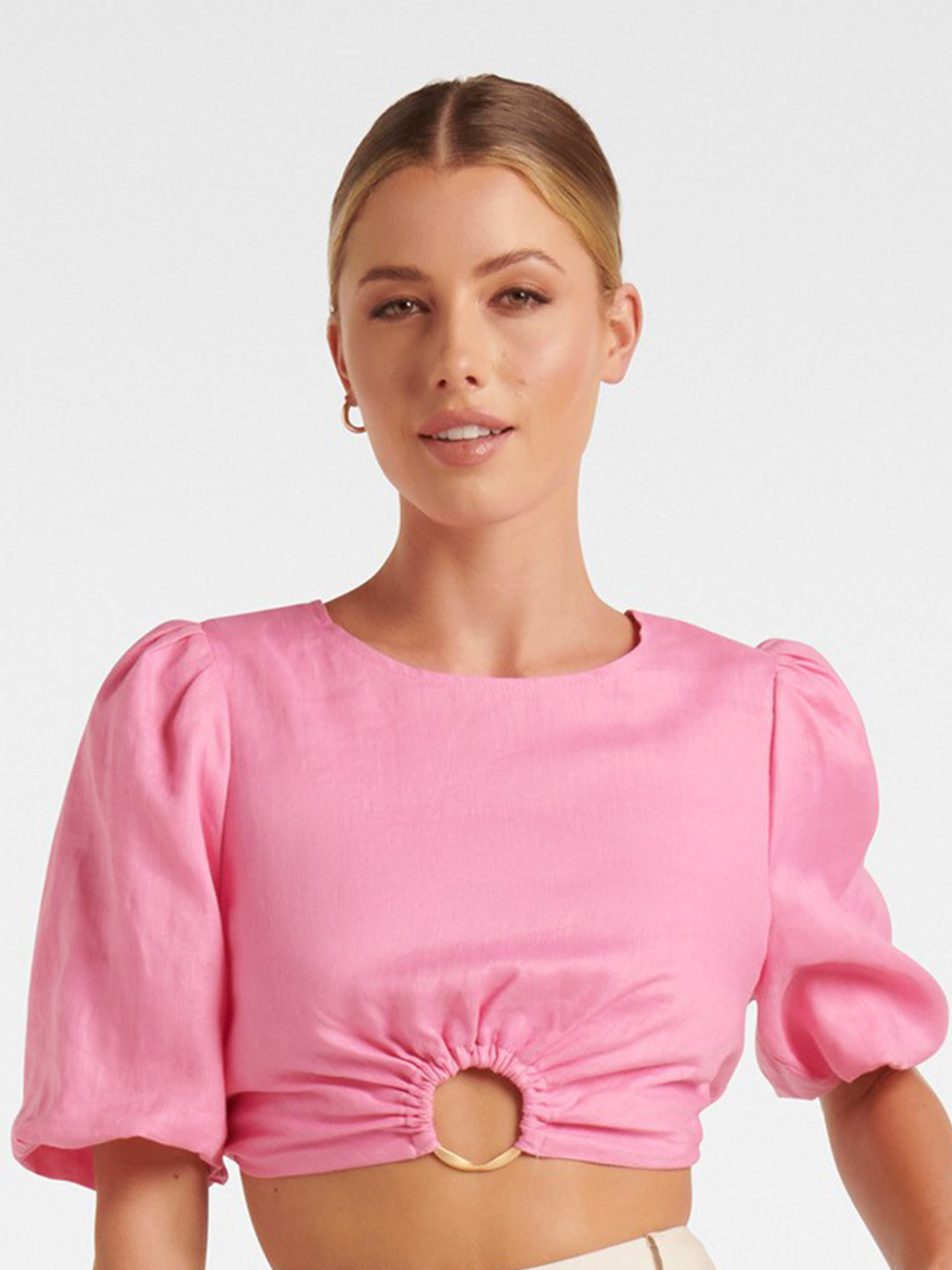 

Forever New Puff Sleeve Linen Crop Top, Pink