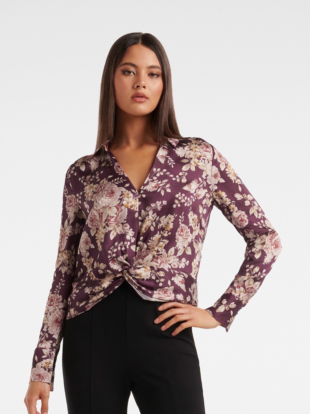 

Forever New Floral Printed Twisted Shirt Style Top, Maroon