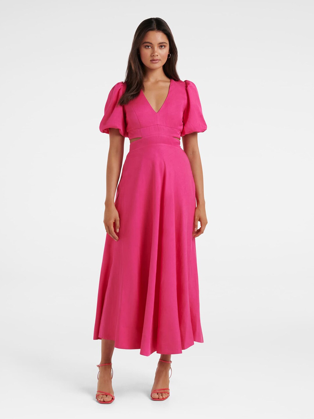 

Forever New Puff Sleeve V-Neck Cut Out Maxi Dress, Pink