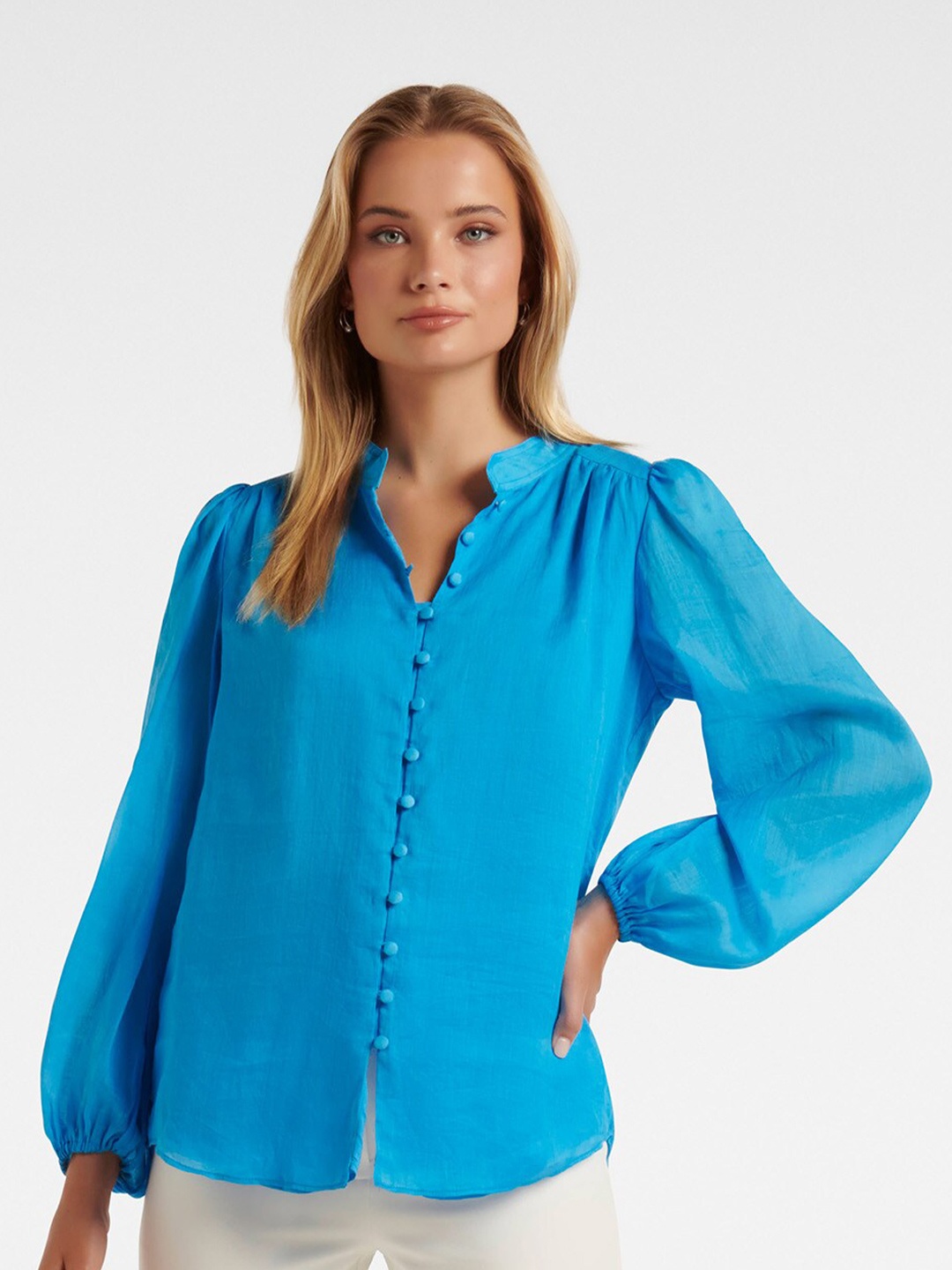 

Forever New Mandarin Collar Puff Sleeve Shirt Style Top, Blue