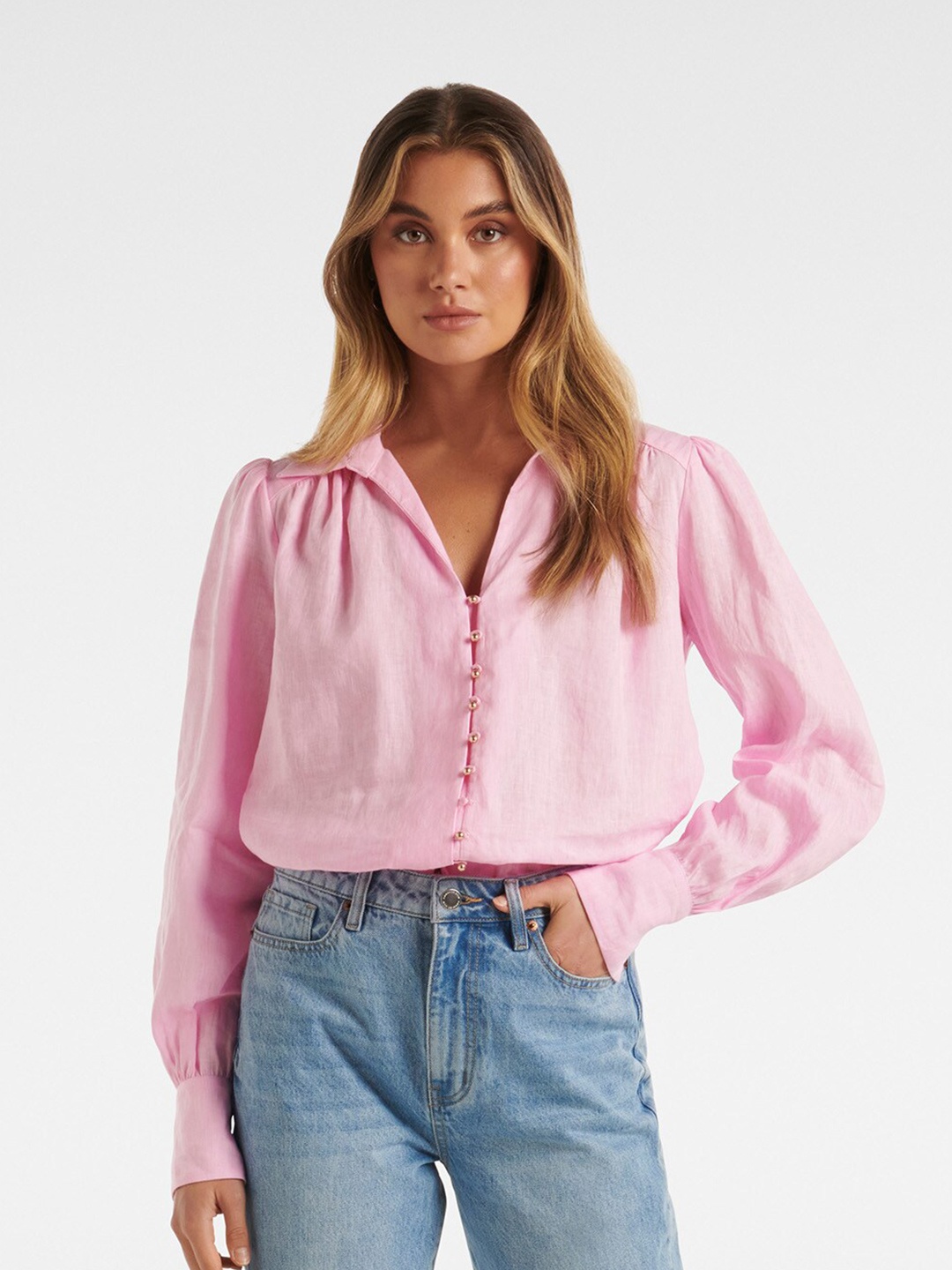 

Forever New Shirt Collar Linen Shirt Style Top, Pink