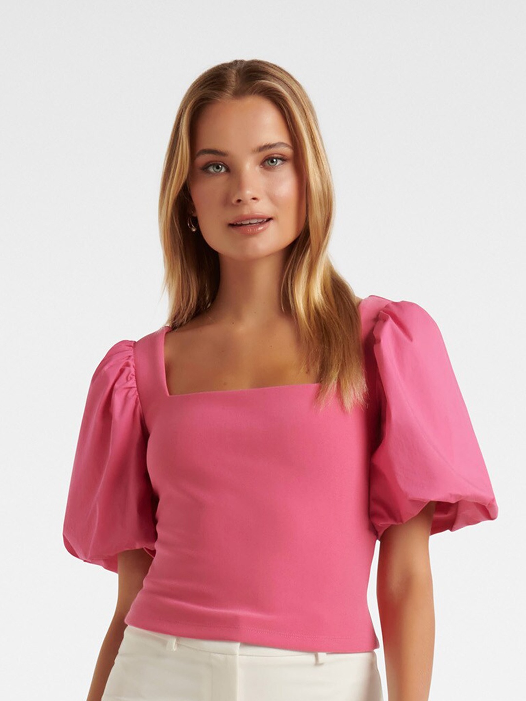 

Forever New Square Neck Balloon Sleeves Top, Pink