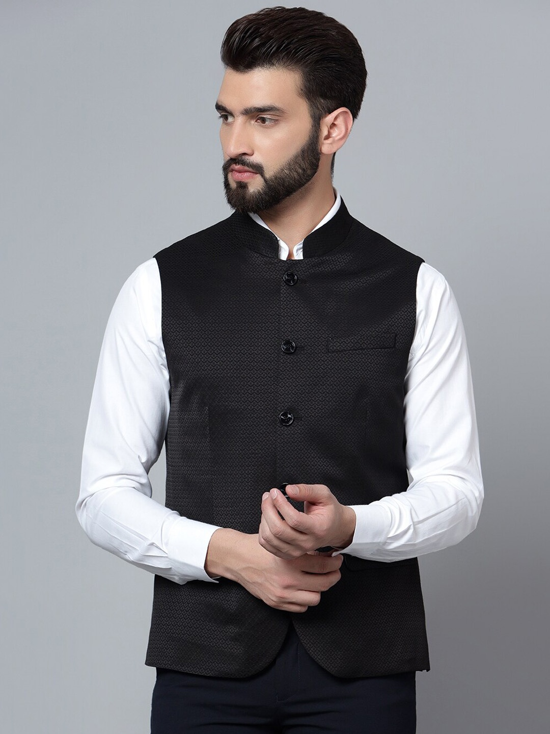 

Cantabil Men Woven Design Nehru Jackets, Black