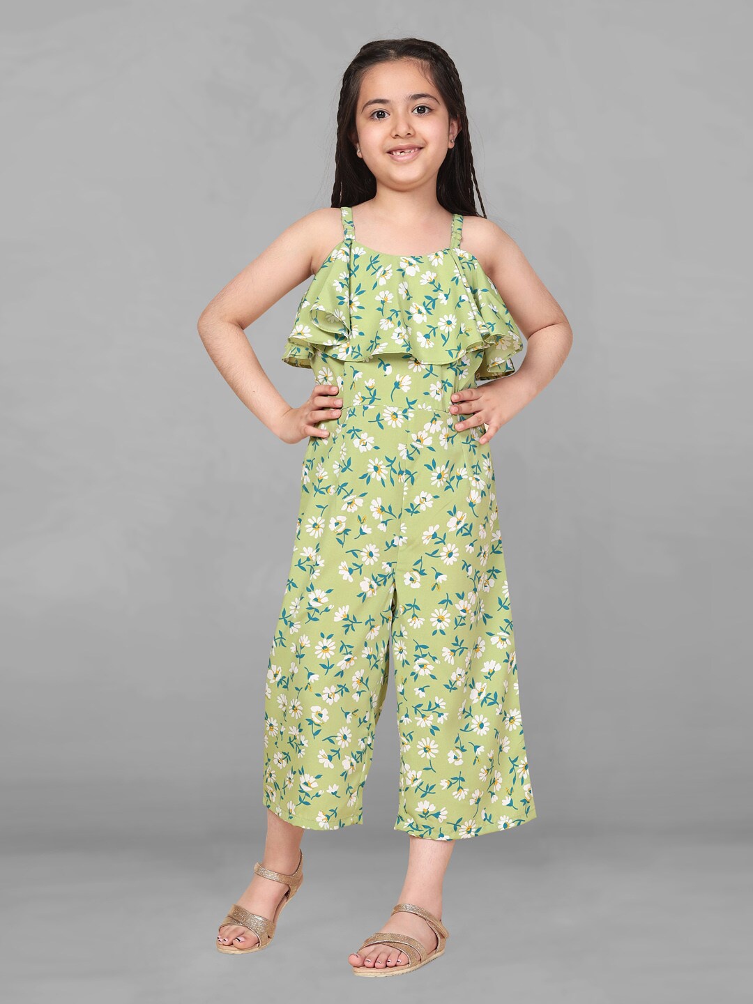 

FASHION DREAM Girls Printed Shoulder Straps Capri Jumpsuit With Ruffles, Green