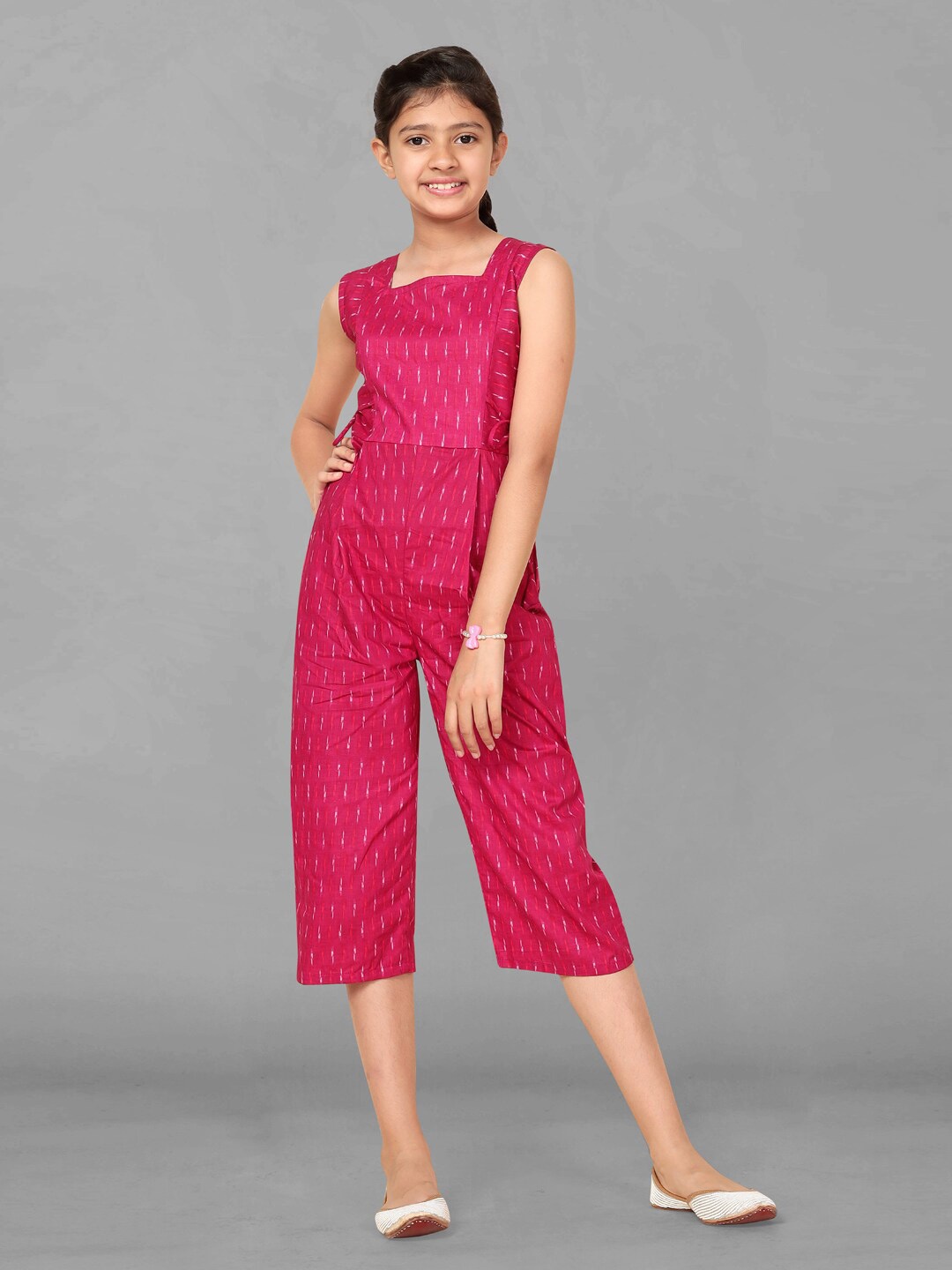 

FASHION DREAM Girls Printed Cotton Square Neck Sleeveless Capri Jumpsuit, Pink