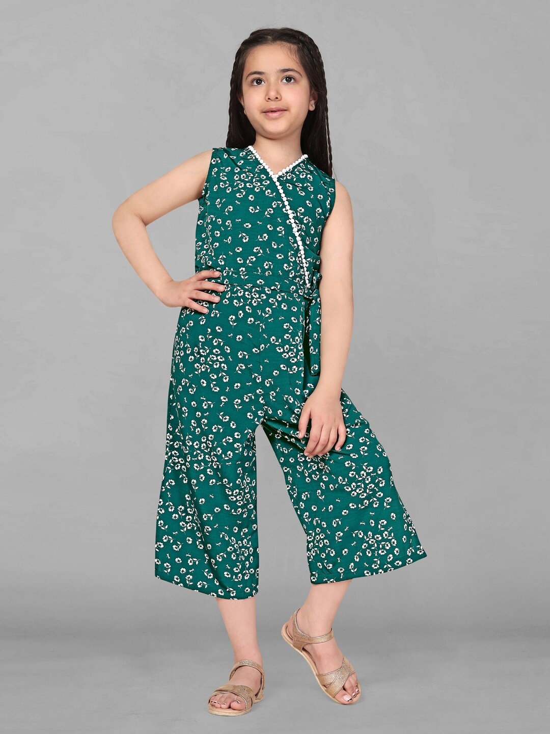 

FASHION DREAM Girls Printed V-Neck Sleeveless Waist Tie-Ups Capri Jumpsuit, Green