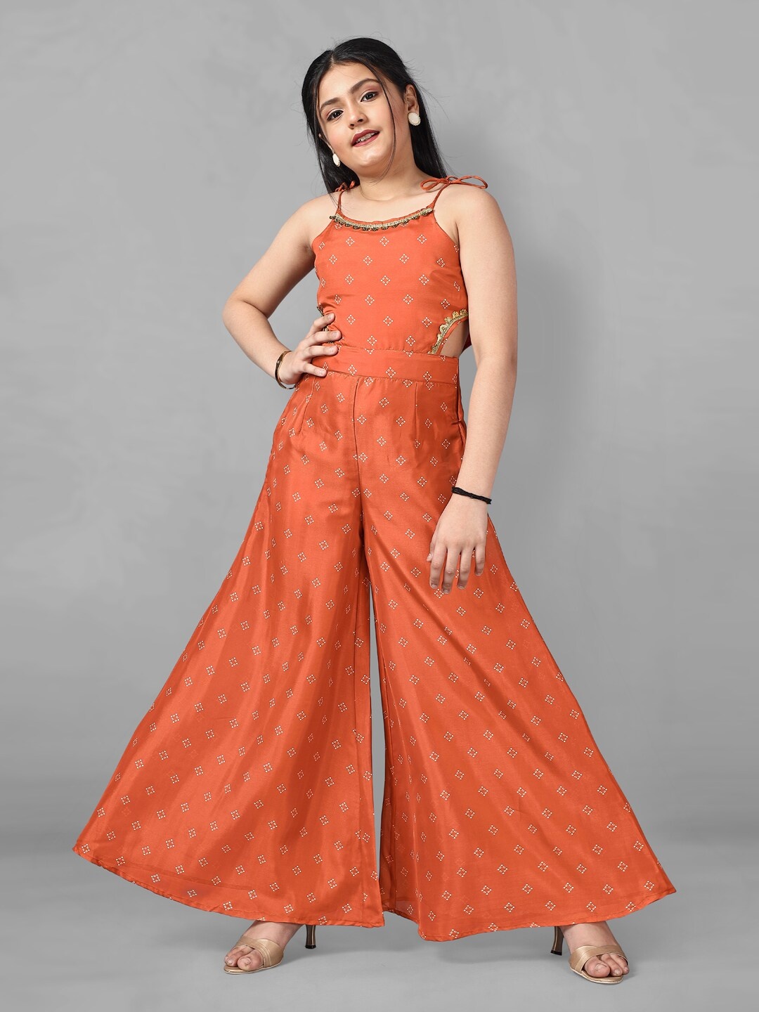 

FASHION DREAM Girls Printed Shoulder Straps Basic Jumpsuit, Rust