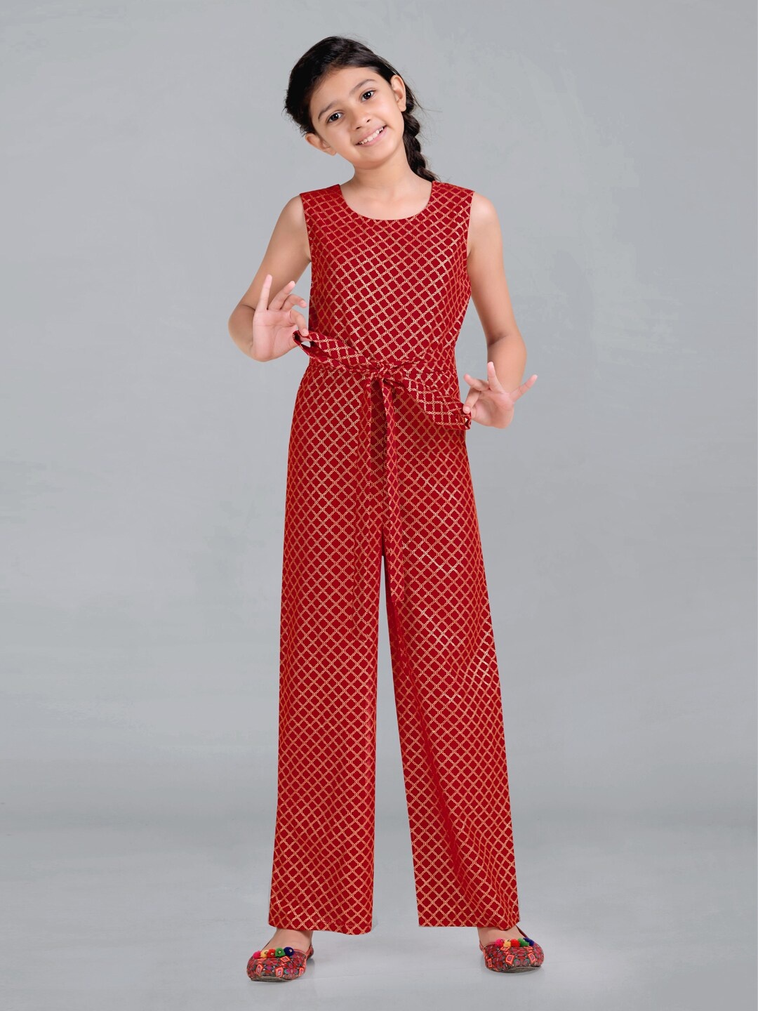 

FASHION DREAM Girls Printed Sleeveless Waist Tie-Ups Basic Jumpsuit, Red