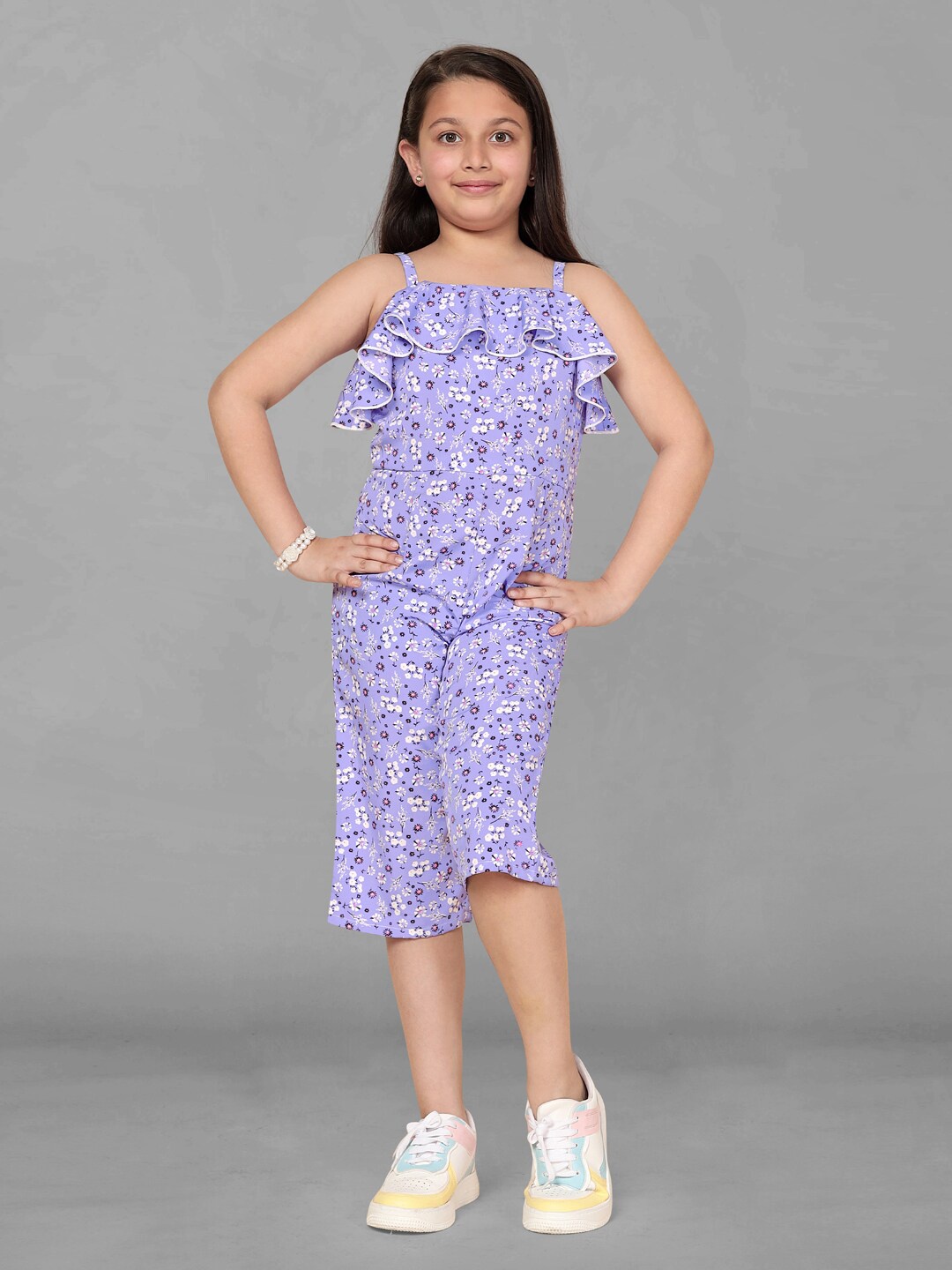 

FASHION DREAM Girls Printed Shoulder Straps Capri Jumpsuit with Ruffles, Violet
