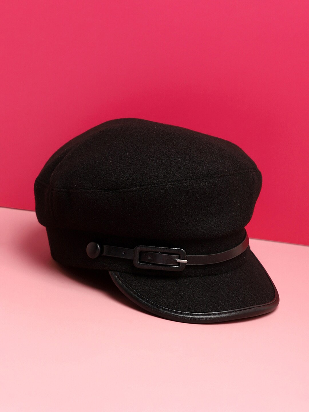 

French Accent Men Self Design Bakerboy Hat With Buckle Detail, Black