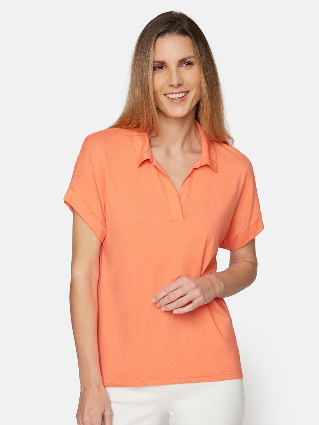 

B.Copenhagen Women Polo Collar T-shirt, Peach