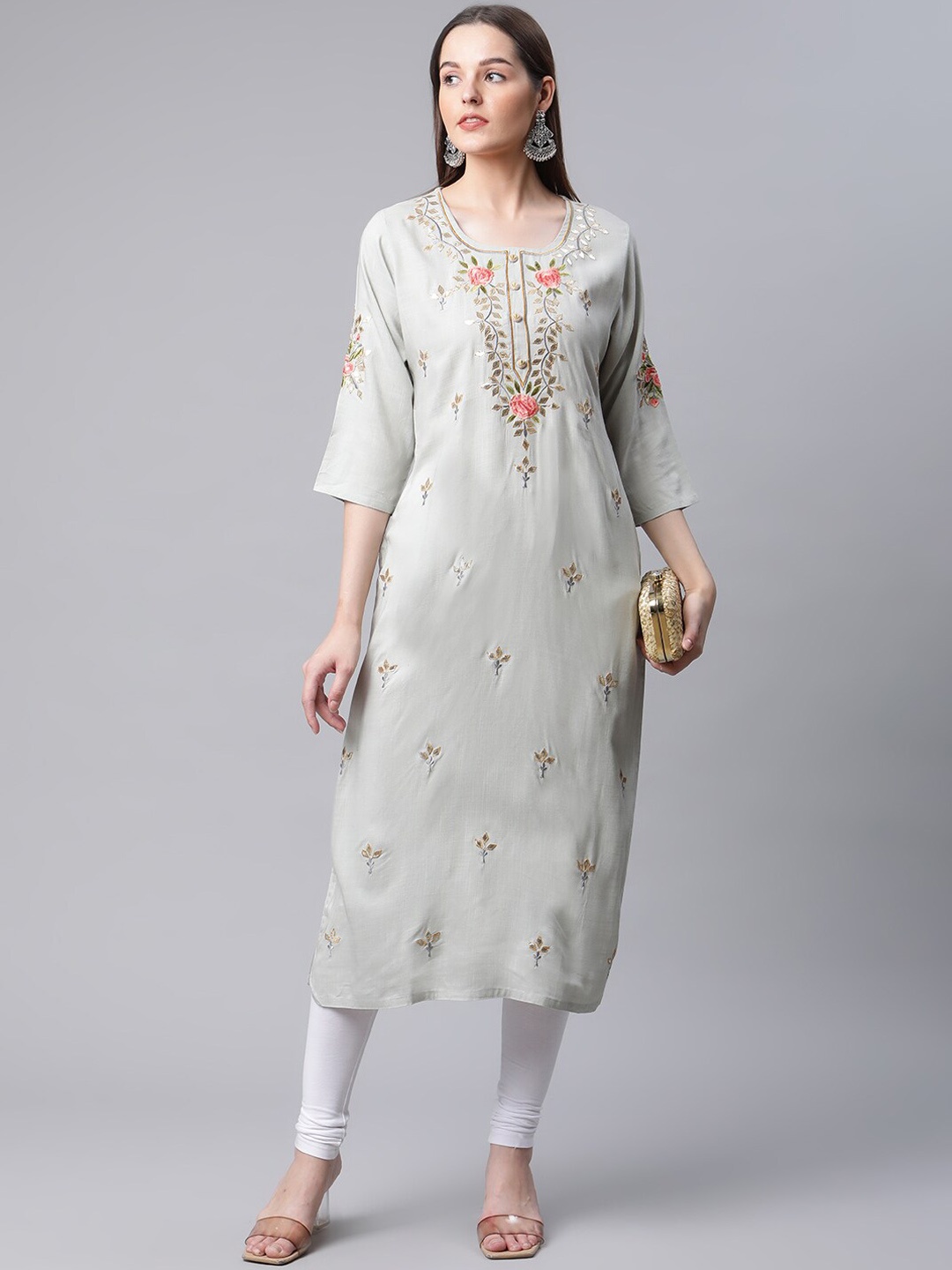 

AMIRAS INDIAN ETHNIC WEAR Floral Embroidered Gotta Patti Kurta with Leggings, Grey