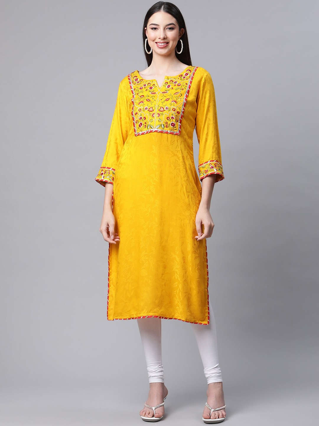 

AMIRAS INDIAN ETHNIC WEAR Floral Embroidered Gotta Patti Pure Silk Kurta with Leggings, Mustard