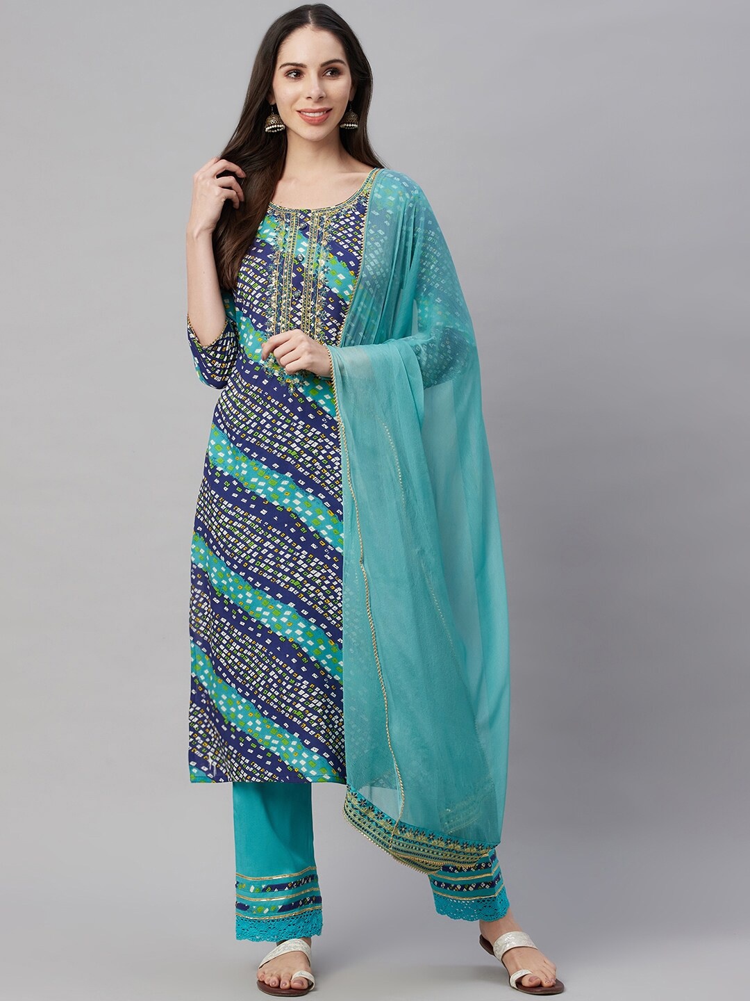 

AMIRAS INDIAN ETHNIC WEAR Bandhani Printed Thread Work Kurta with Trousers & Dupatta, Navy blue