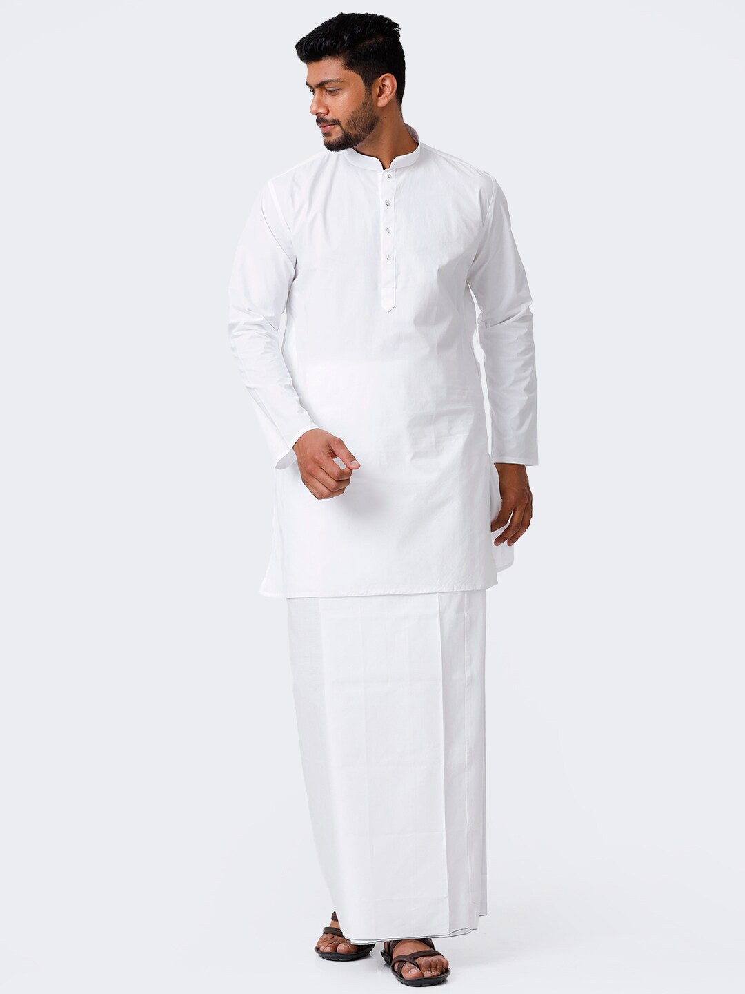 

Ramraj Men Mandarin Cotton Kurta & Veshti, White