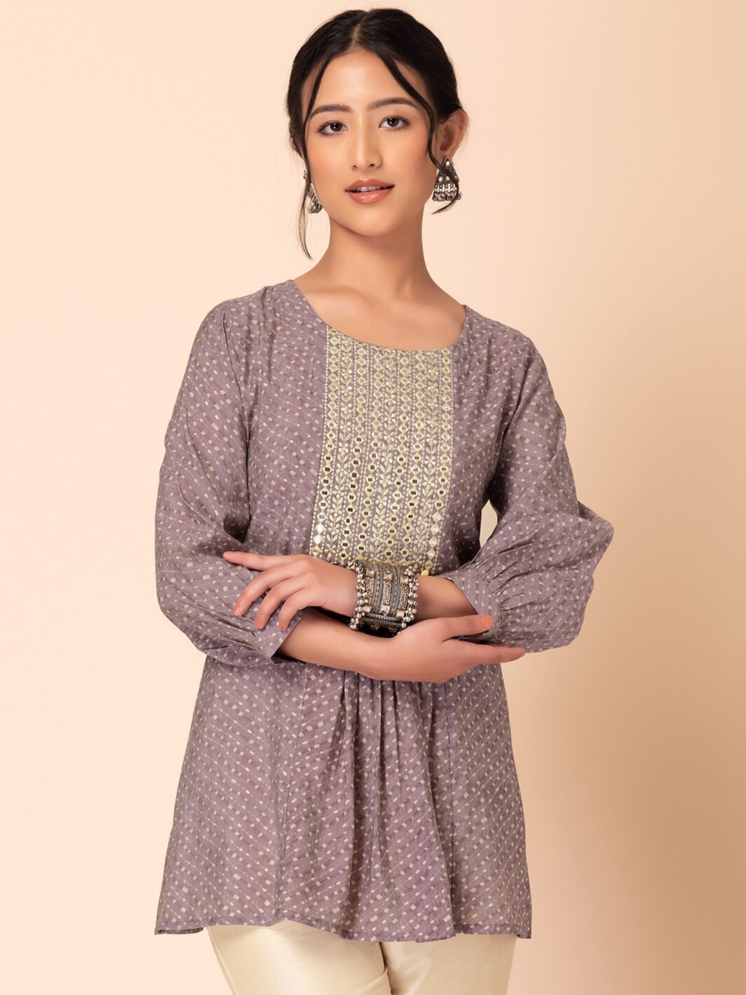 

INDYA Ethnic Motifs Printed Embroidered A-Line Kurti, Grey