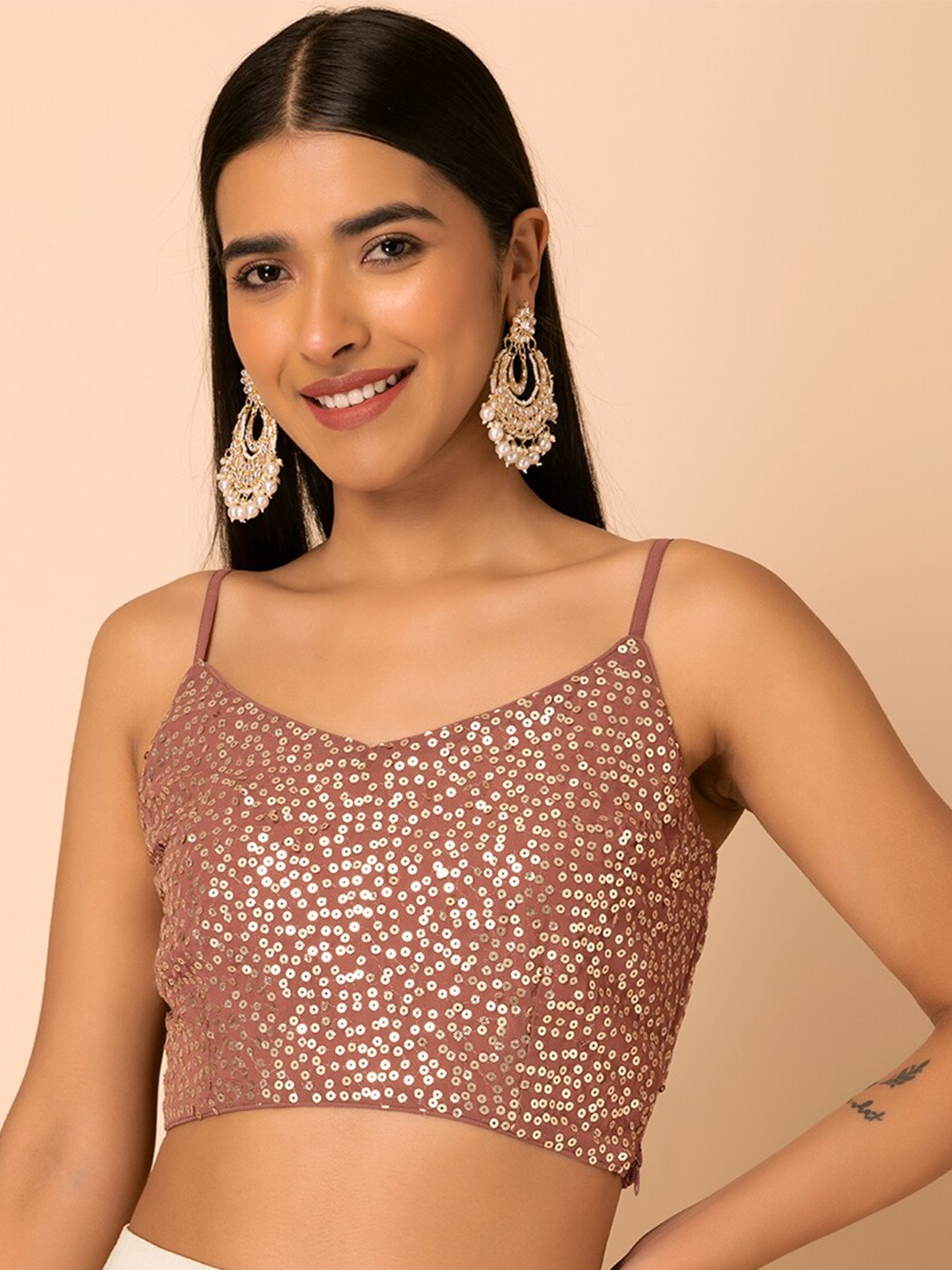 

Rang by Indya Embellished Sequined Shoulder Strap Crop Top, Pink
