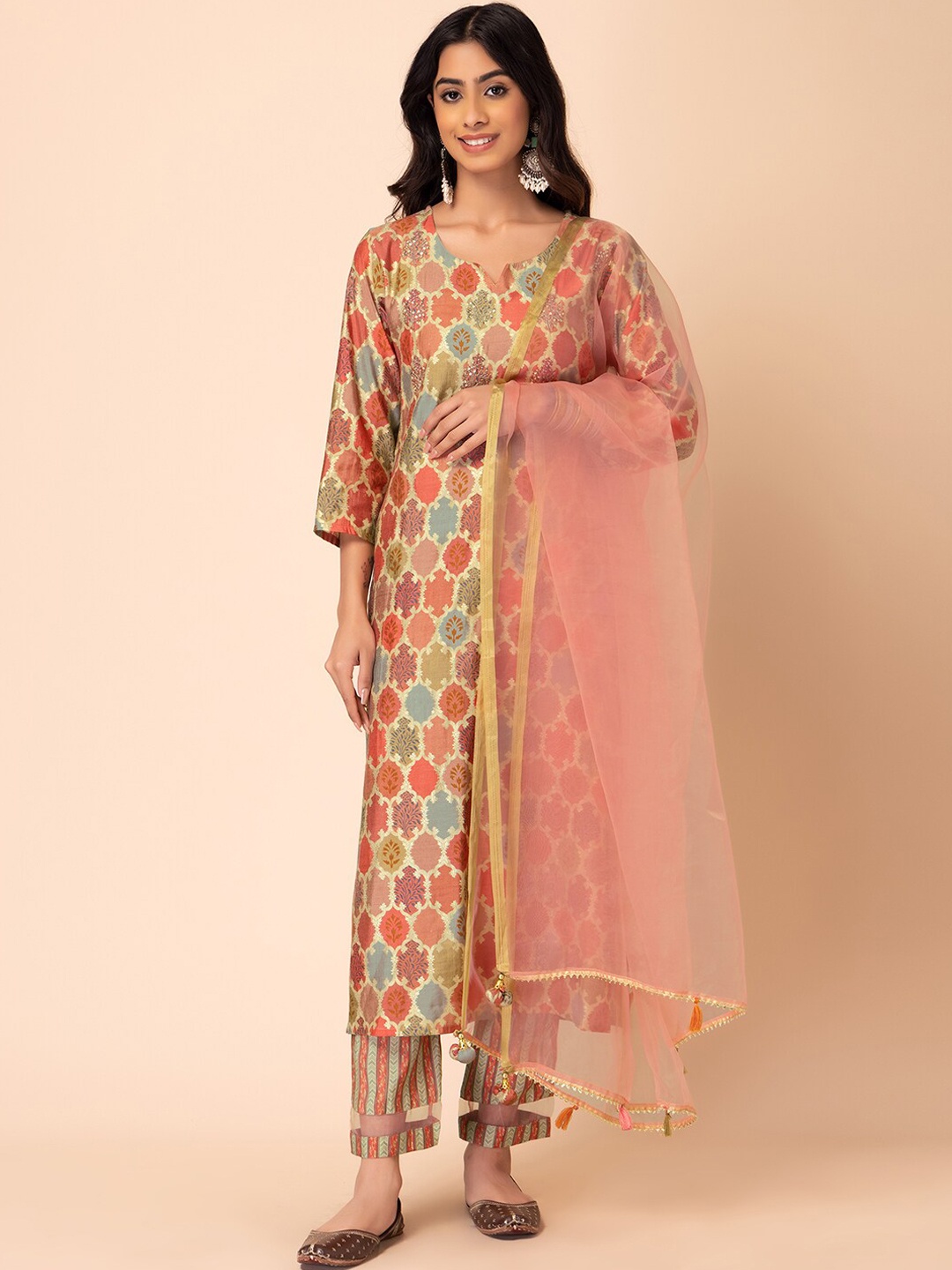 

INDYA Ethnic Motifs Printed Sequined Kurta With Trousers & Dupatta, Beige