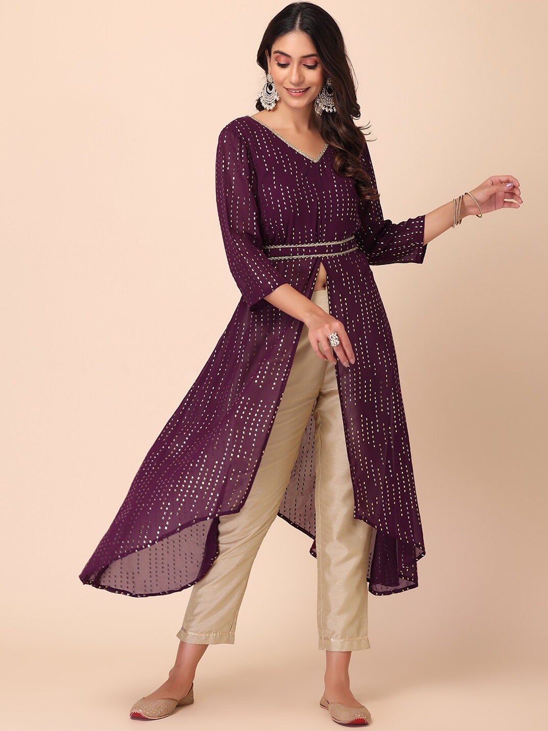 

INDYA Embellished Gotta Patti Georgette High Slit Kurta, Purple