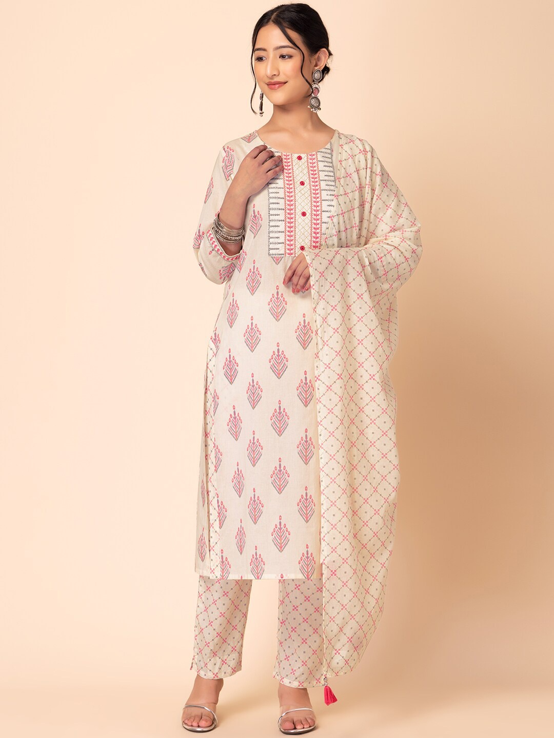 

INDYA Ethnic Motifs Printed Sequined Pure Cotton Kurta With Trouser & Dupatta, Beige