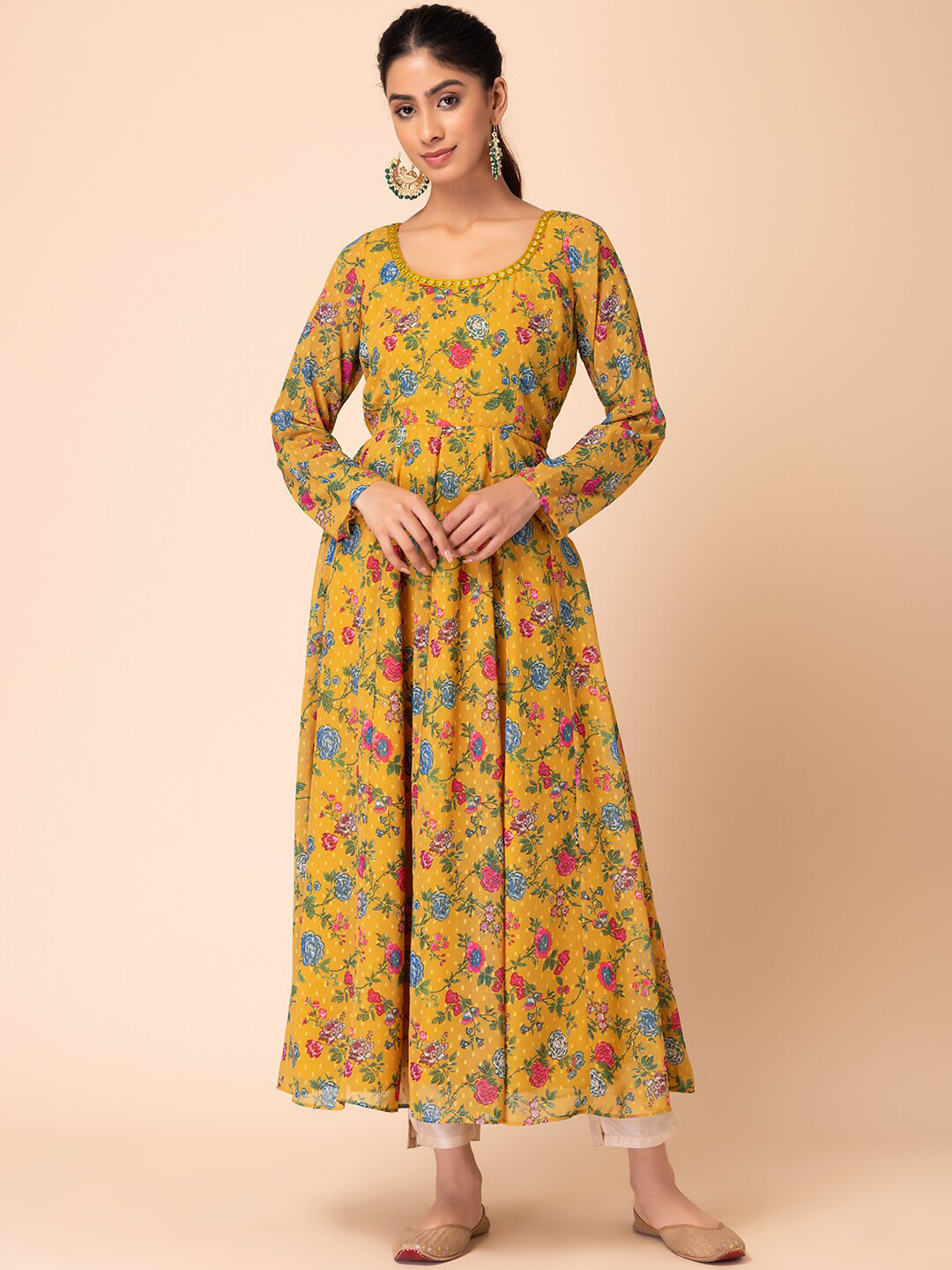 

INDYA Floral Printed Round Neck Georgette Anarkali Kurta, Mustard