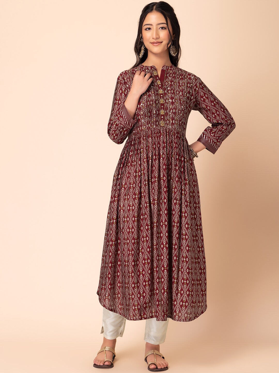 

INDYA Ethnic Motifs Printed Band Collar A-Line Kurta, Maroon