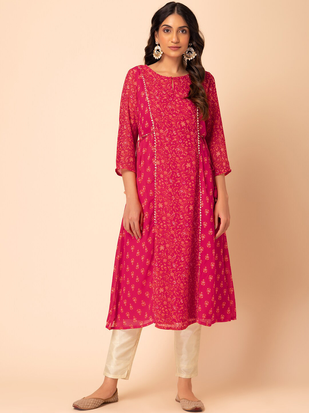 

INDYA Floral Printed Tie Up Gotta Patti A-Line Kurta, Pink