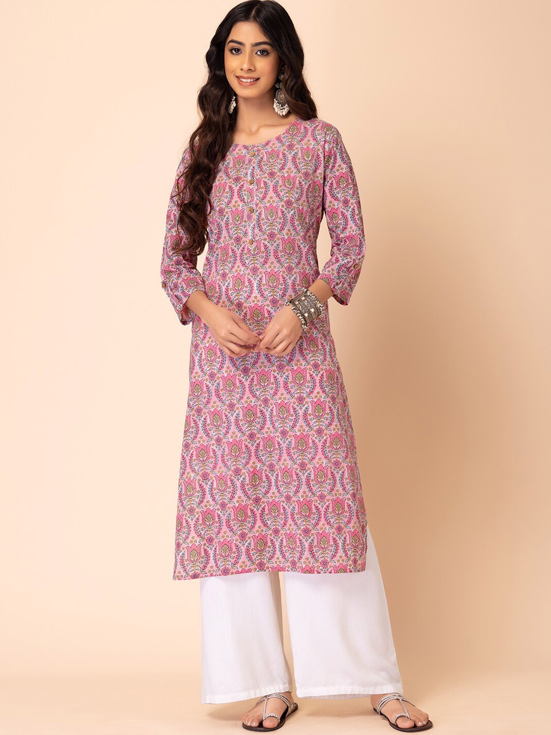 

INDYA Ethnic Motifs Block Printed Pure Cotton Straight Kurta, Pink