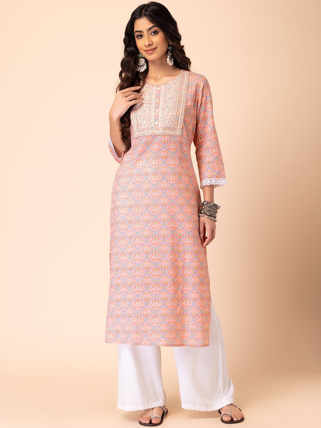 

INDYA Ethnic Motifs Printed Round Neck Straight Kurta, Pink