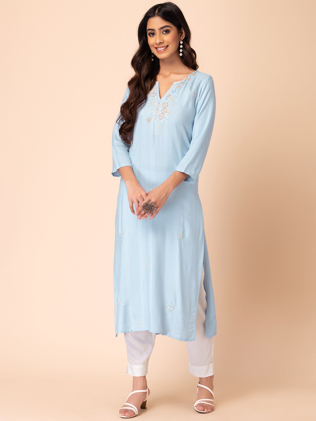 

INDYA Floral Embroidered Straight Kurta, Blue