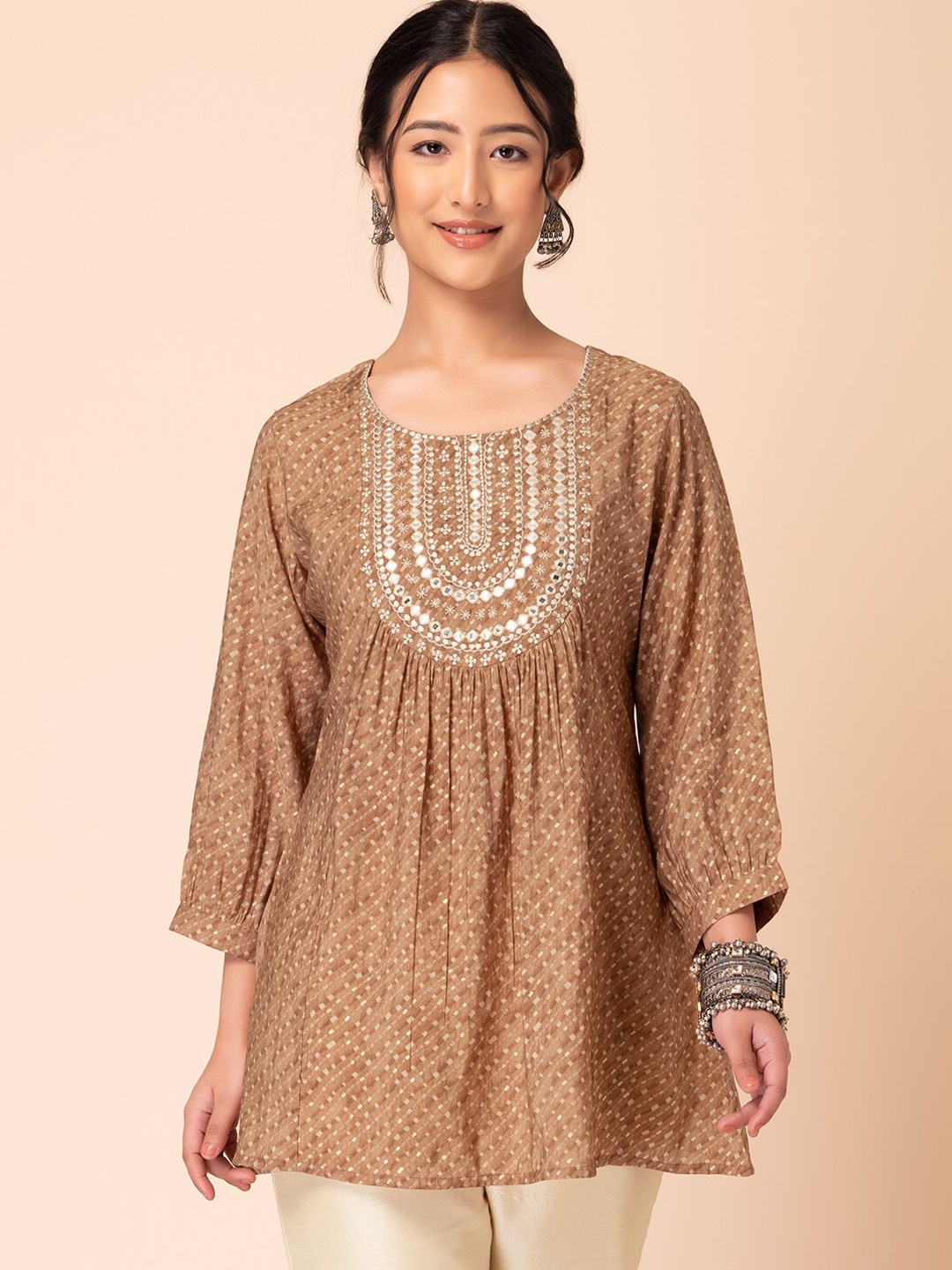 

INDYA Embroidered Mirror Work Geometric Printed Round Neck A-Line Kurti, Brown