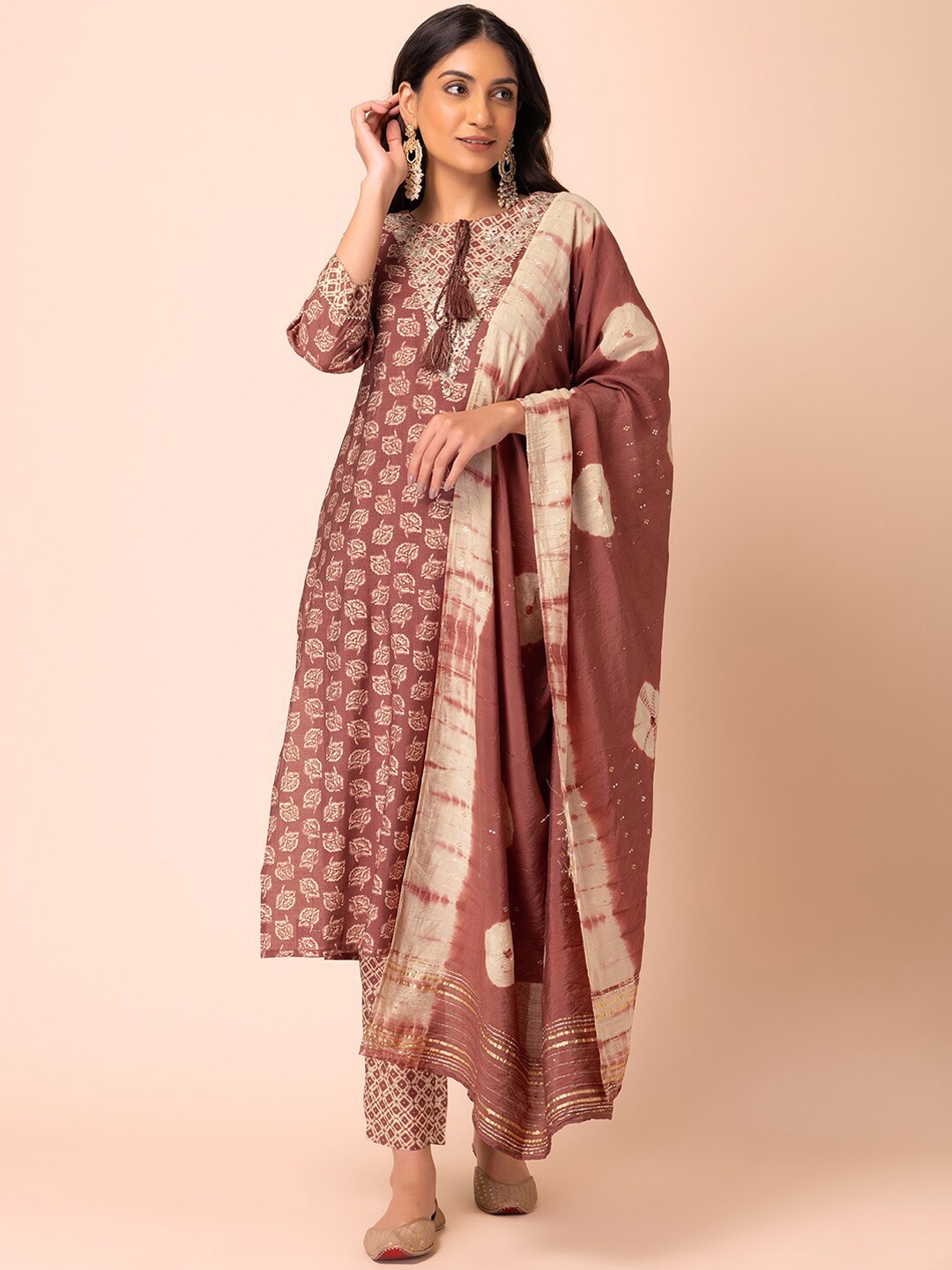 

INDYA Ethnic Motifs Batik Printed Gotta Patti Kurta With Trouser & Dupatta, Brown