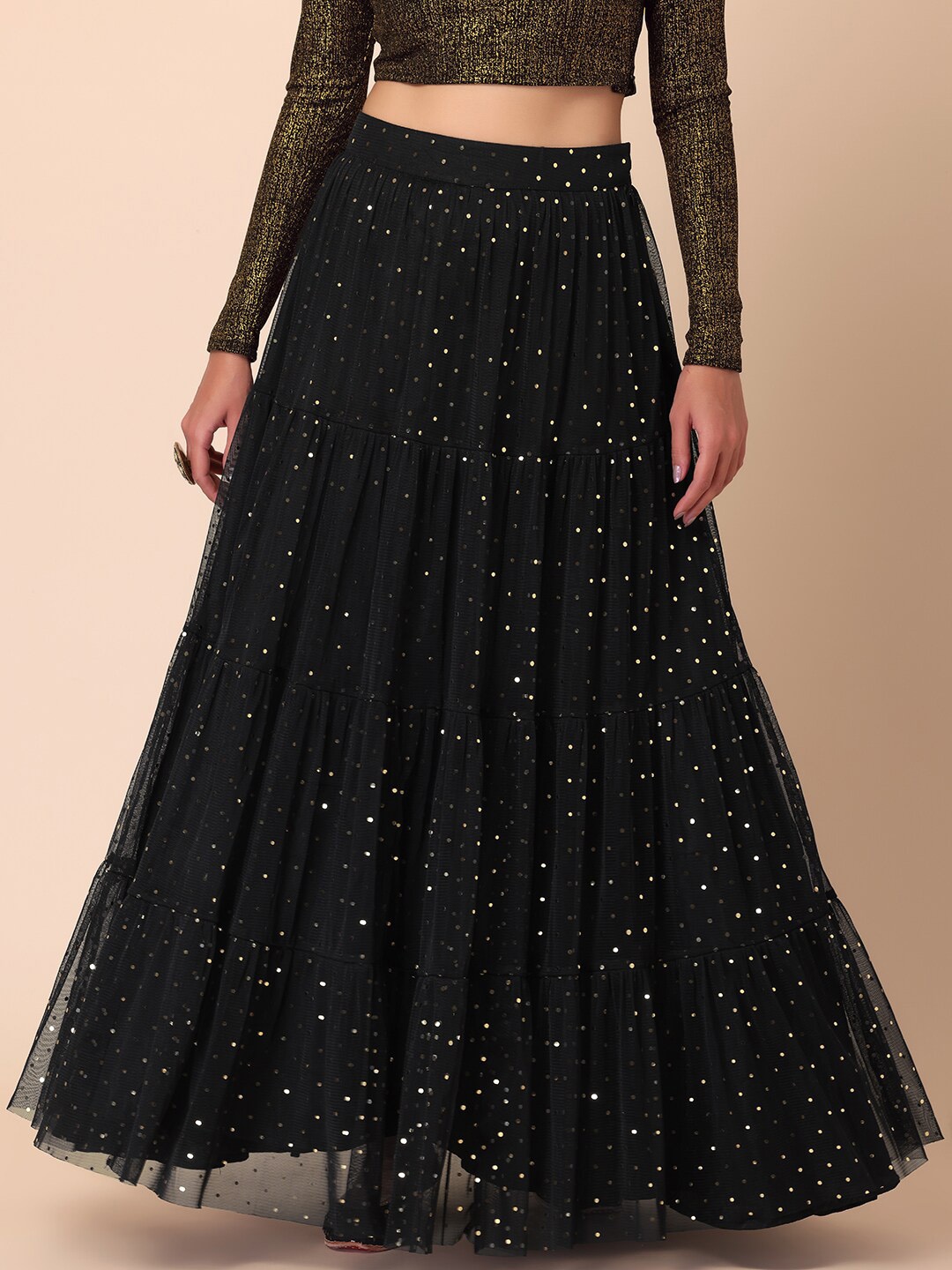 

INDYA Embellished Flared Lehenga Skirt, Black