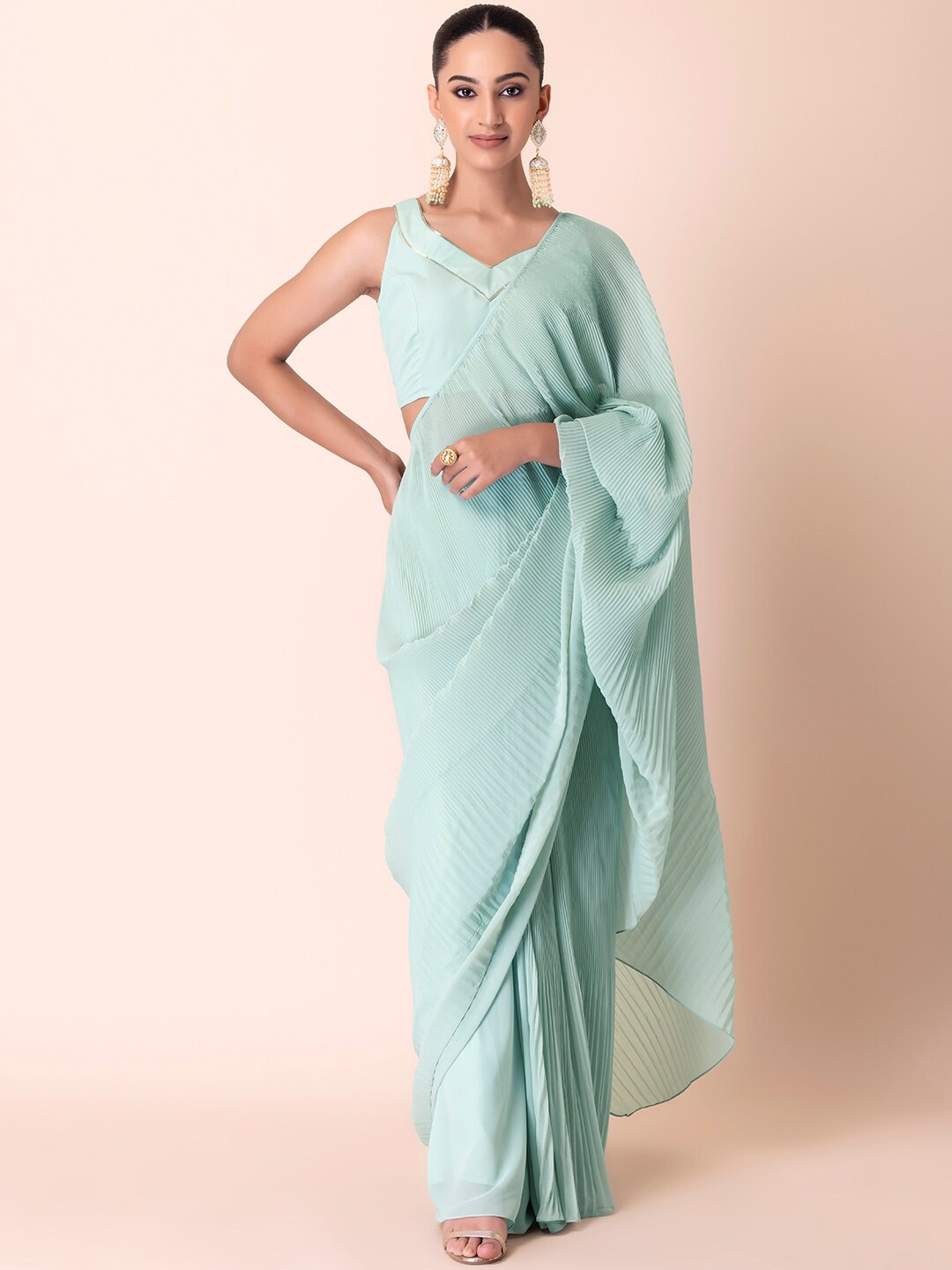 

INDYA Accordian Pleated Ready To Wear Saree, Green