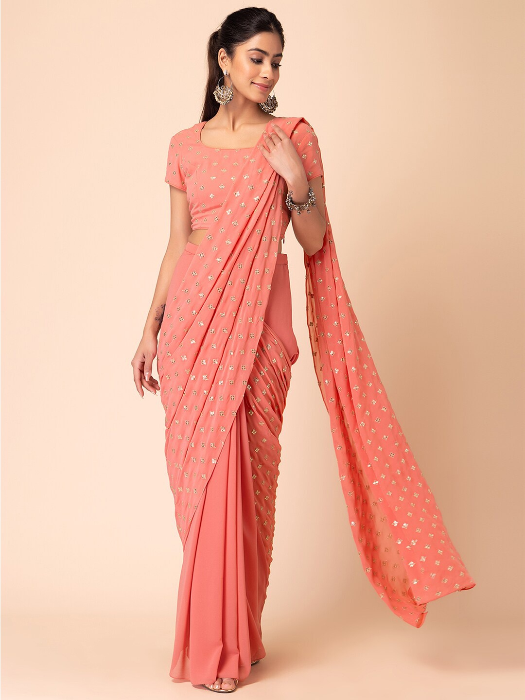 

INDYA Embroidered Pre-Stitched Saree, Pink