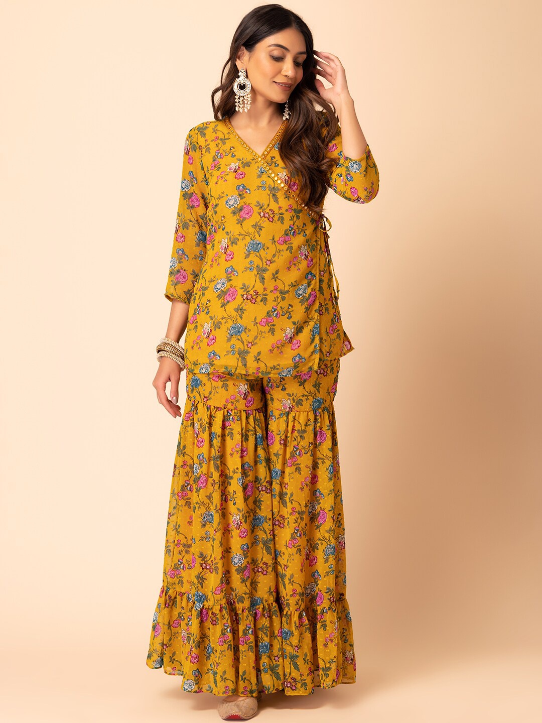 

INDYA Floral Printed Angrakha Kurti With Trousers, Mustard