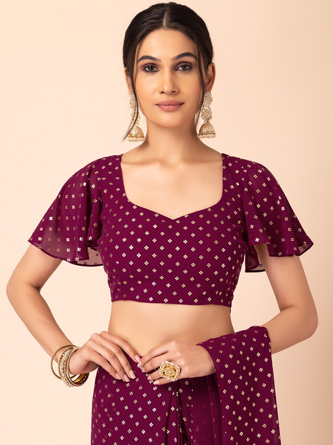 

INDYA Ethnic Motifs Foil Printed Flared Sleeve Blouse, Maroon