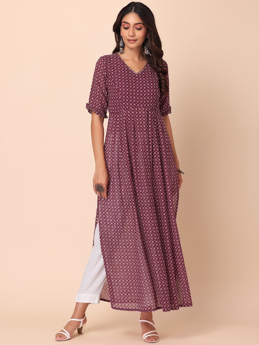 

INDYA Bandhani Printed V-Neck A-Line Kurta, Purple