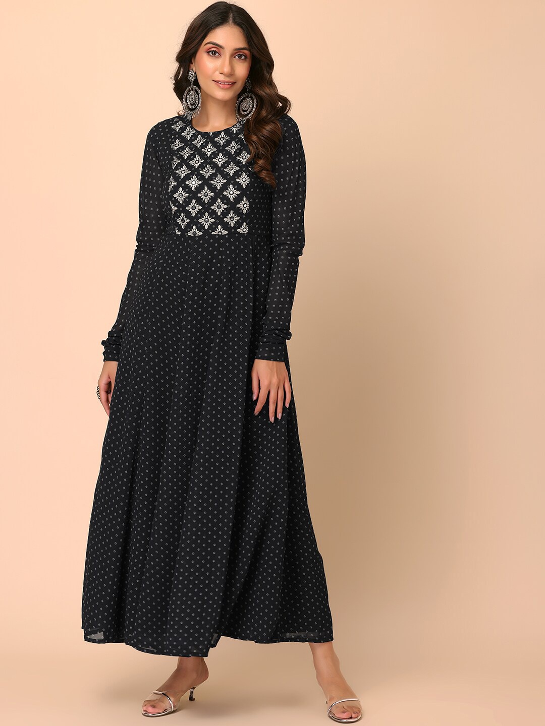 

INDYA Bandhani Printed Thread Work Detail Anarkali Kurta, Black