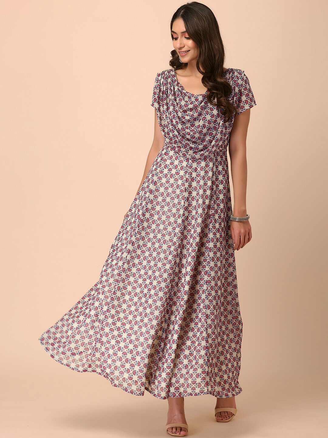 

INDYA Floral Printed Cowl Neck Maxi Ethnic Dress, White