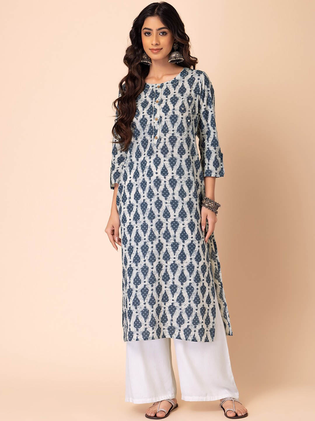 

INDYA Batik Printed Pure Cotton A-Line Kurta, Grey