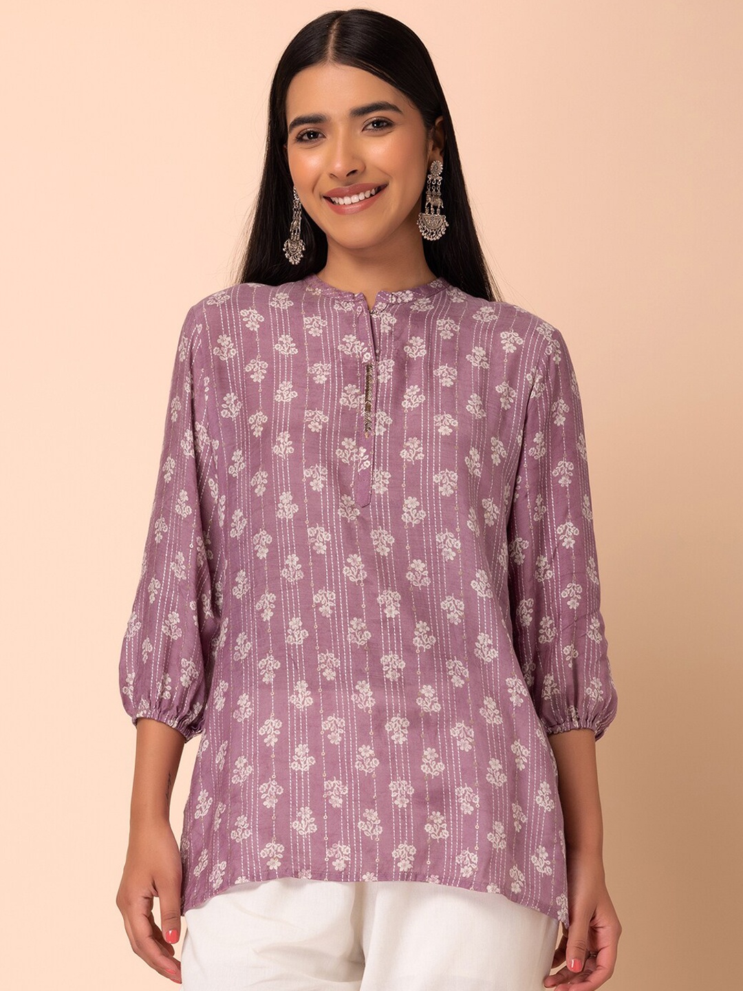 

INDYA Floral Printed Mandarin Collar Straight Kurti, Purple